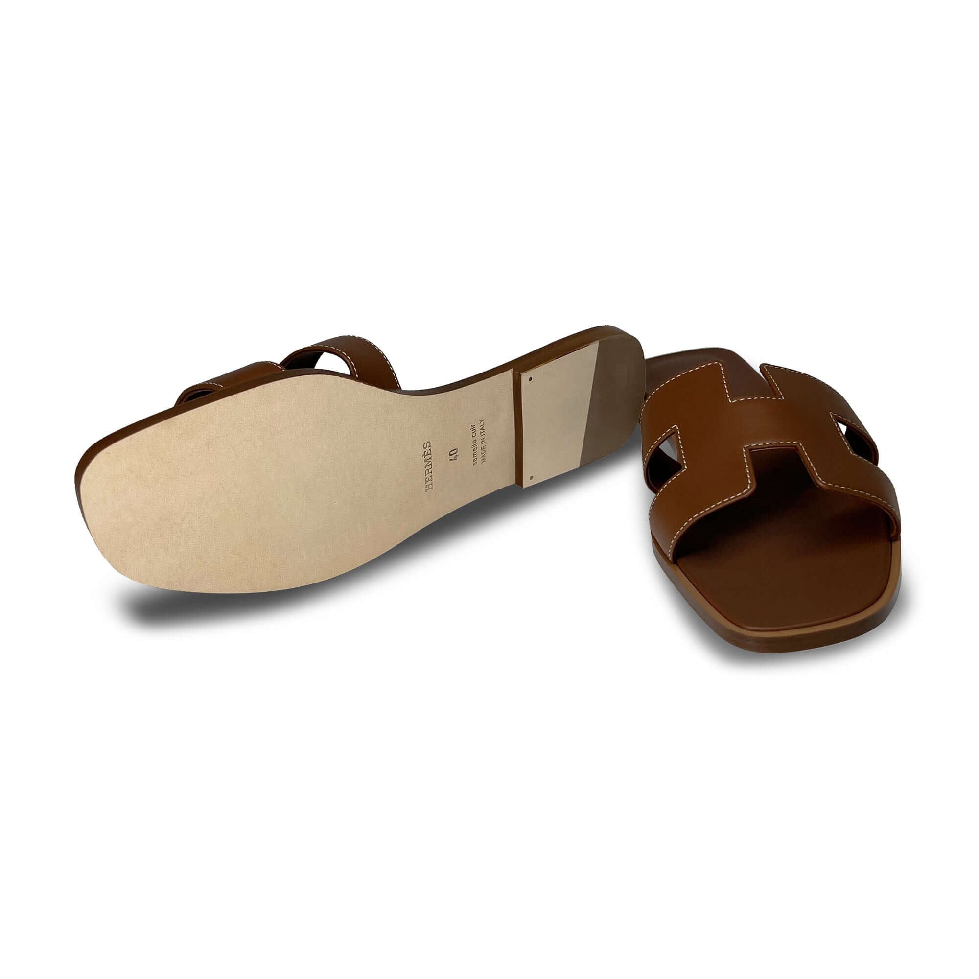 Hermes Oran Designer Leather Slippers in Brown with sole
