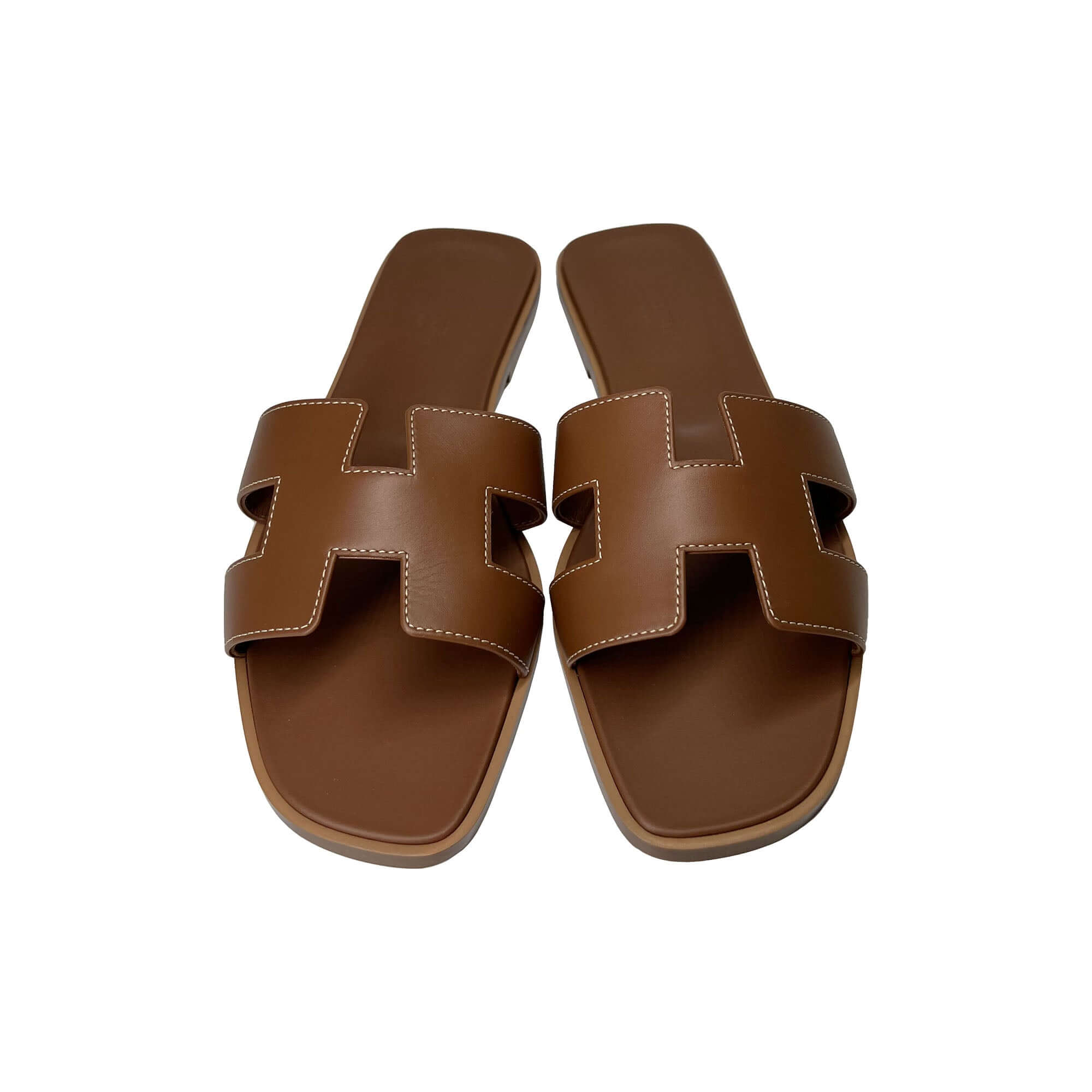 Hermes Oran Designer Leather Slippers in Brown top