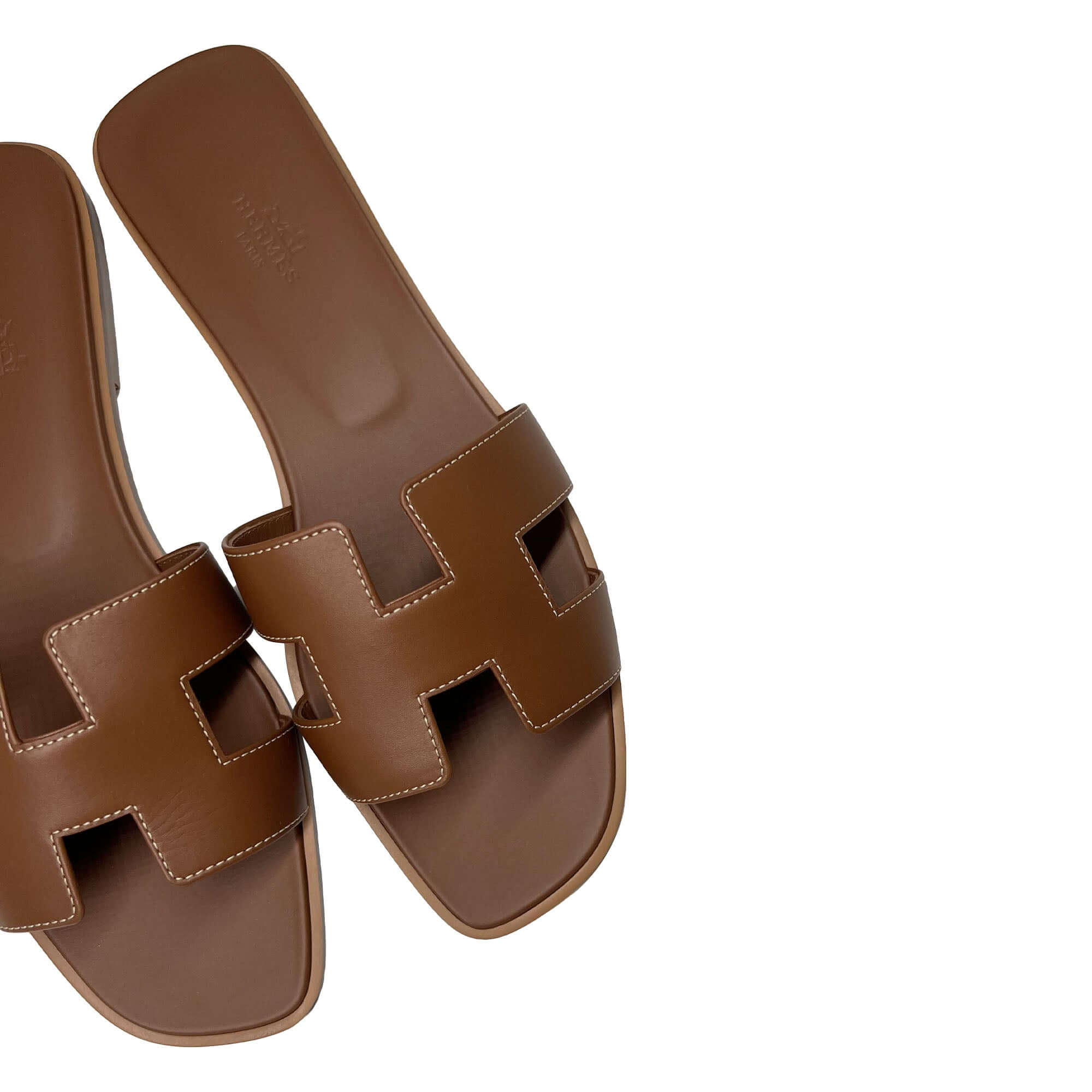 Hermes Oran Designer Leather Slippers in Brown top detail