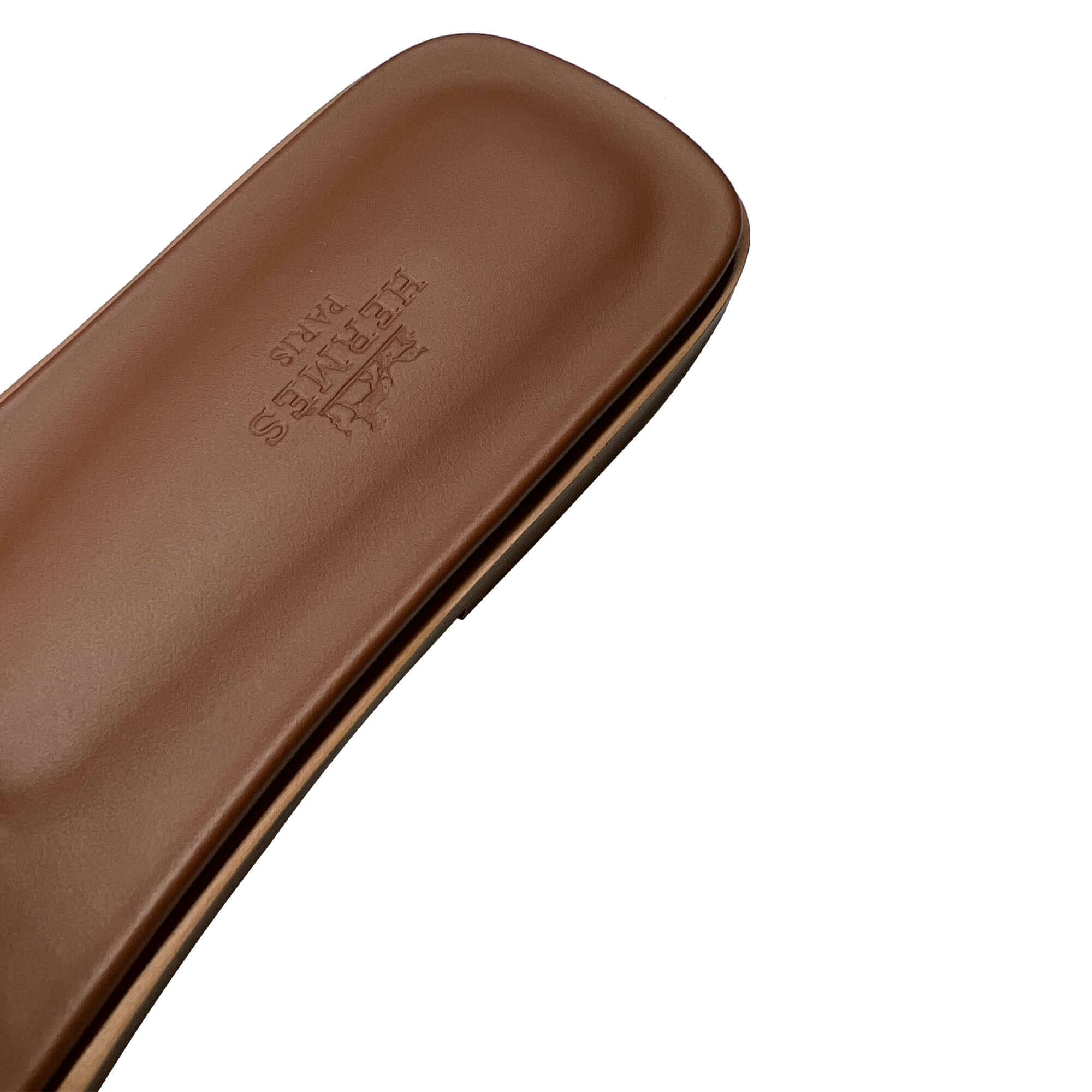 Hermes Oran Designer Leather Slippers in Brown logo