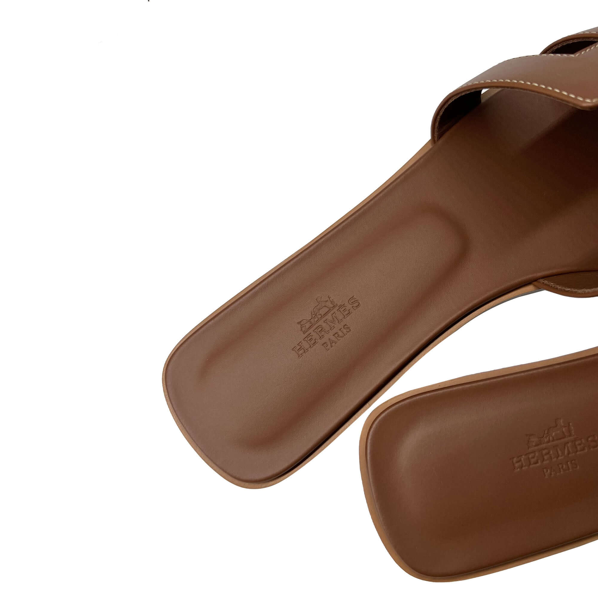 Hermes Oran Designer Leather Slippers in Brown back logo