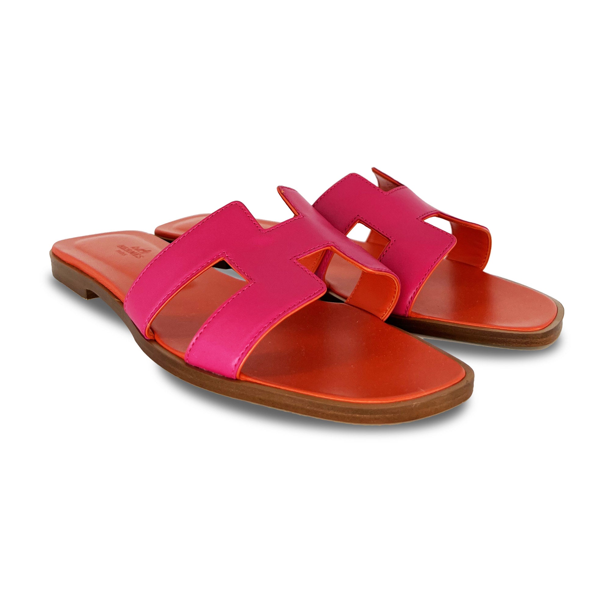 Hermes Oran Designer Slippers in Rose/Orange angle