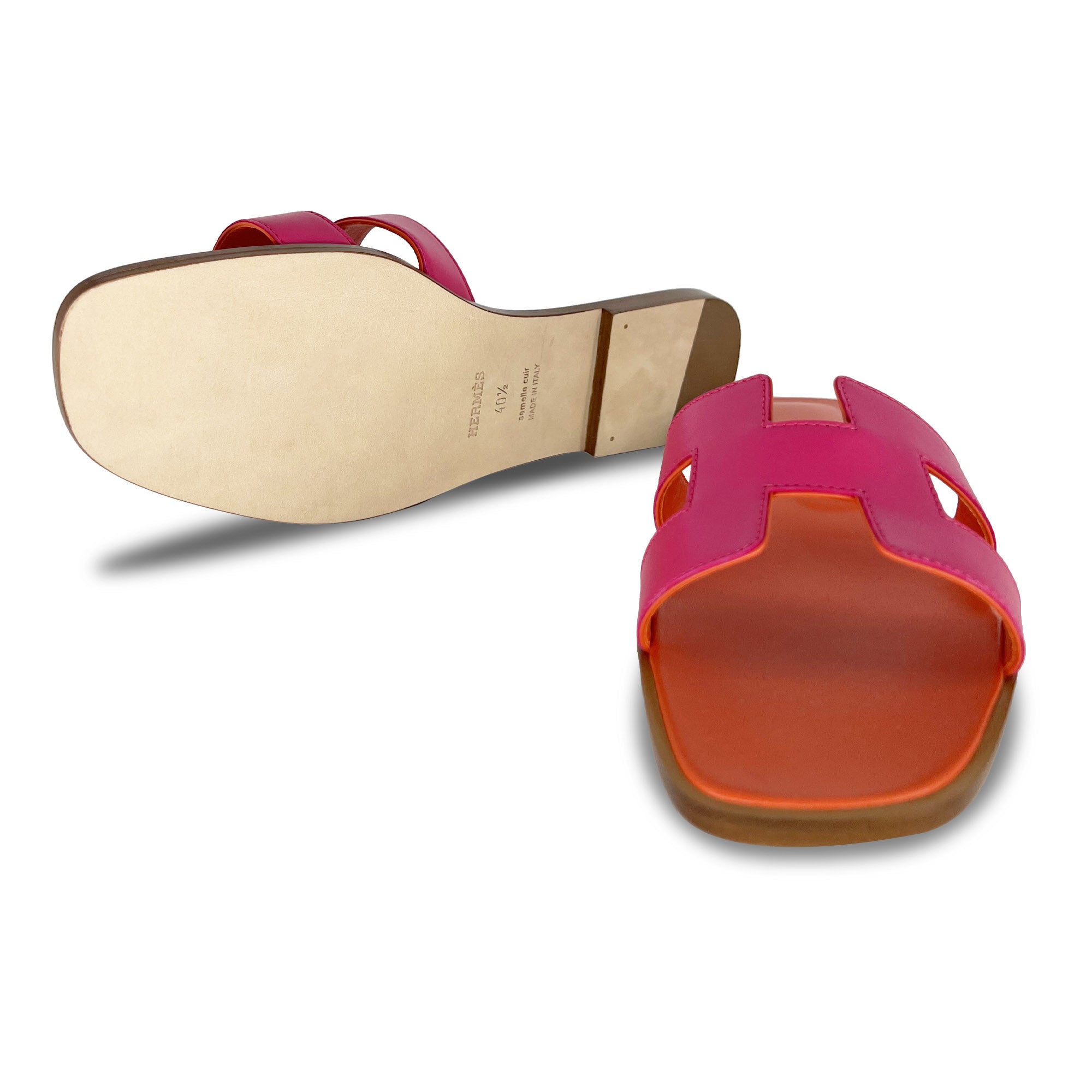 Hermes Oran Designer Slippers in Rose/Orange with sole