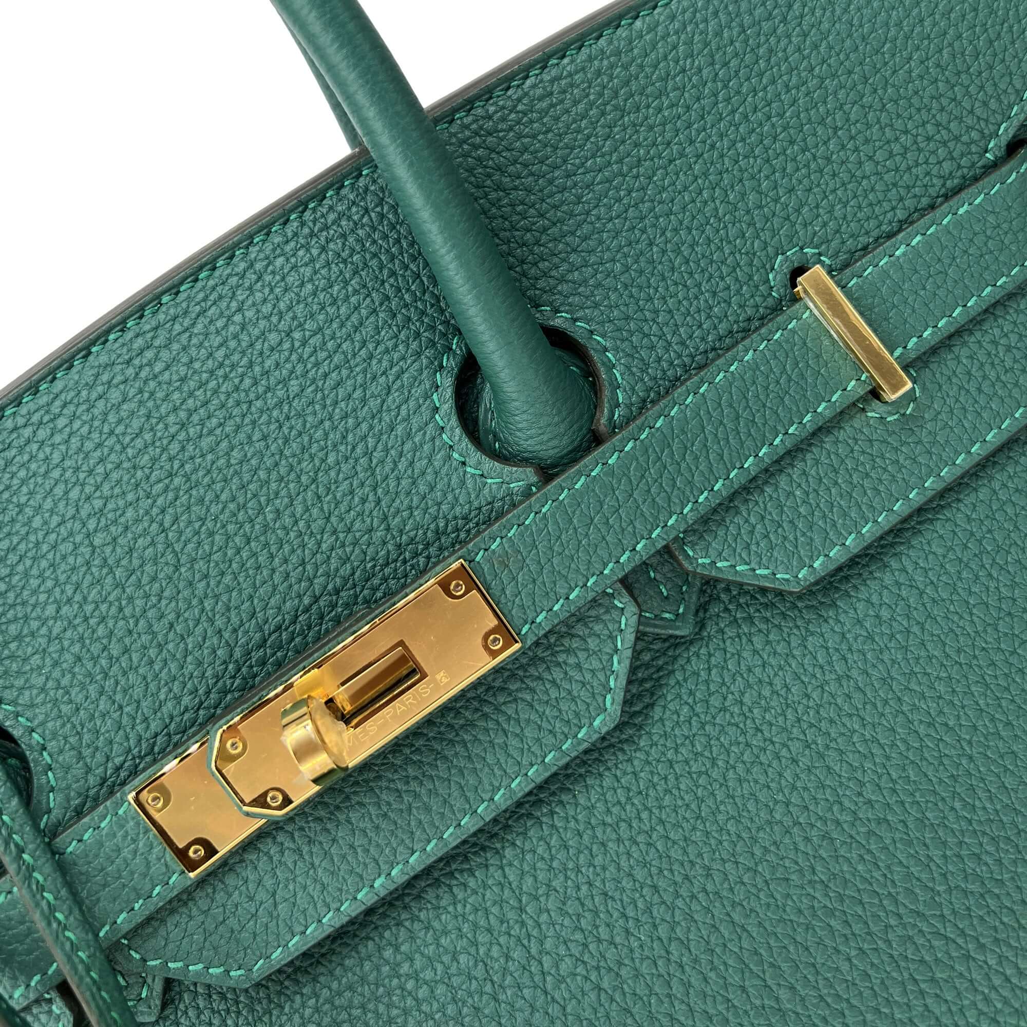 Rare Color Hermes Birkin 30 Malachite Green Clemence Gold Hardware Bag Lock  Keys
