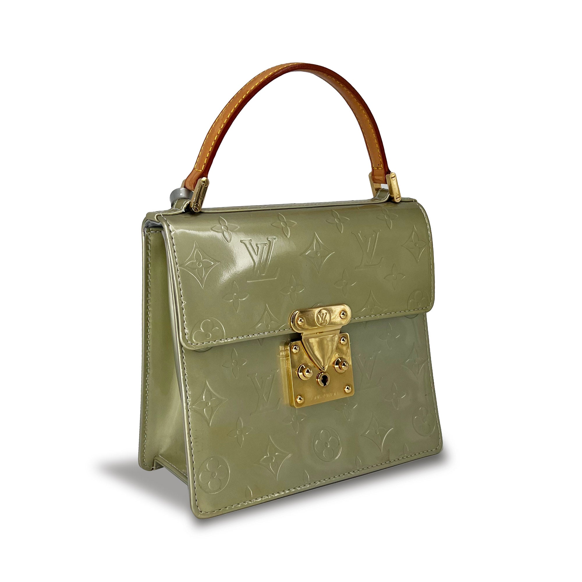 Louis Vuitton light green Vernis leather spring street satchel bag