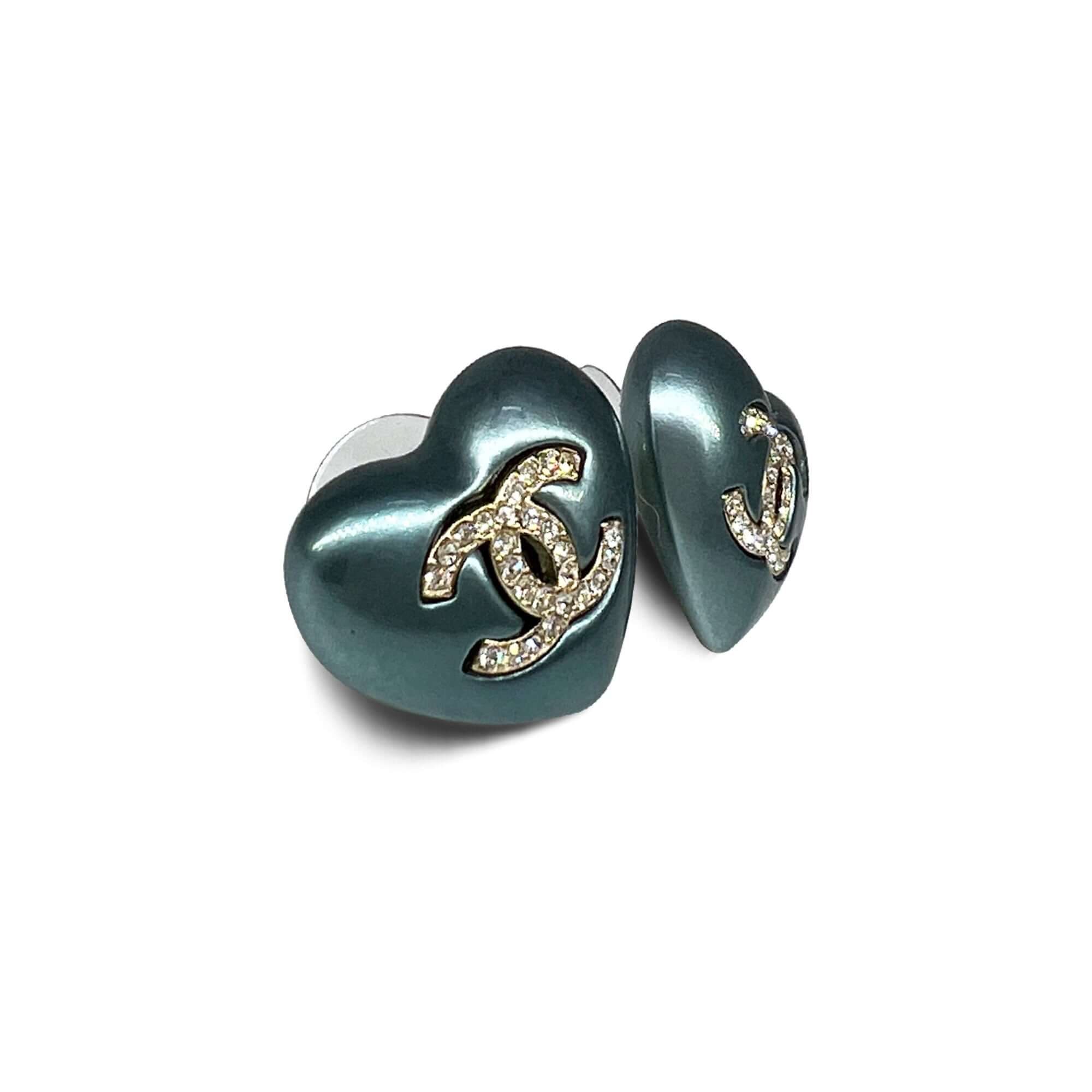 Chanel 21B Heart Shape Pearly Blue Gold Crystal CC Logo Statement Stud  Earrings