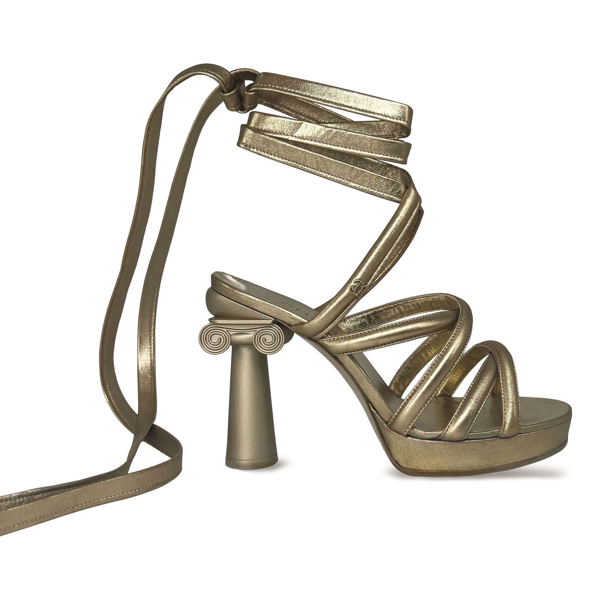 Chanel runway champagne gold leather tie-up high heel sandals