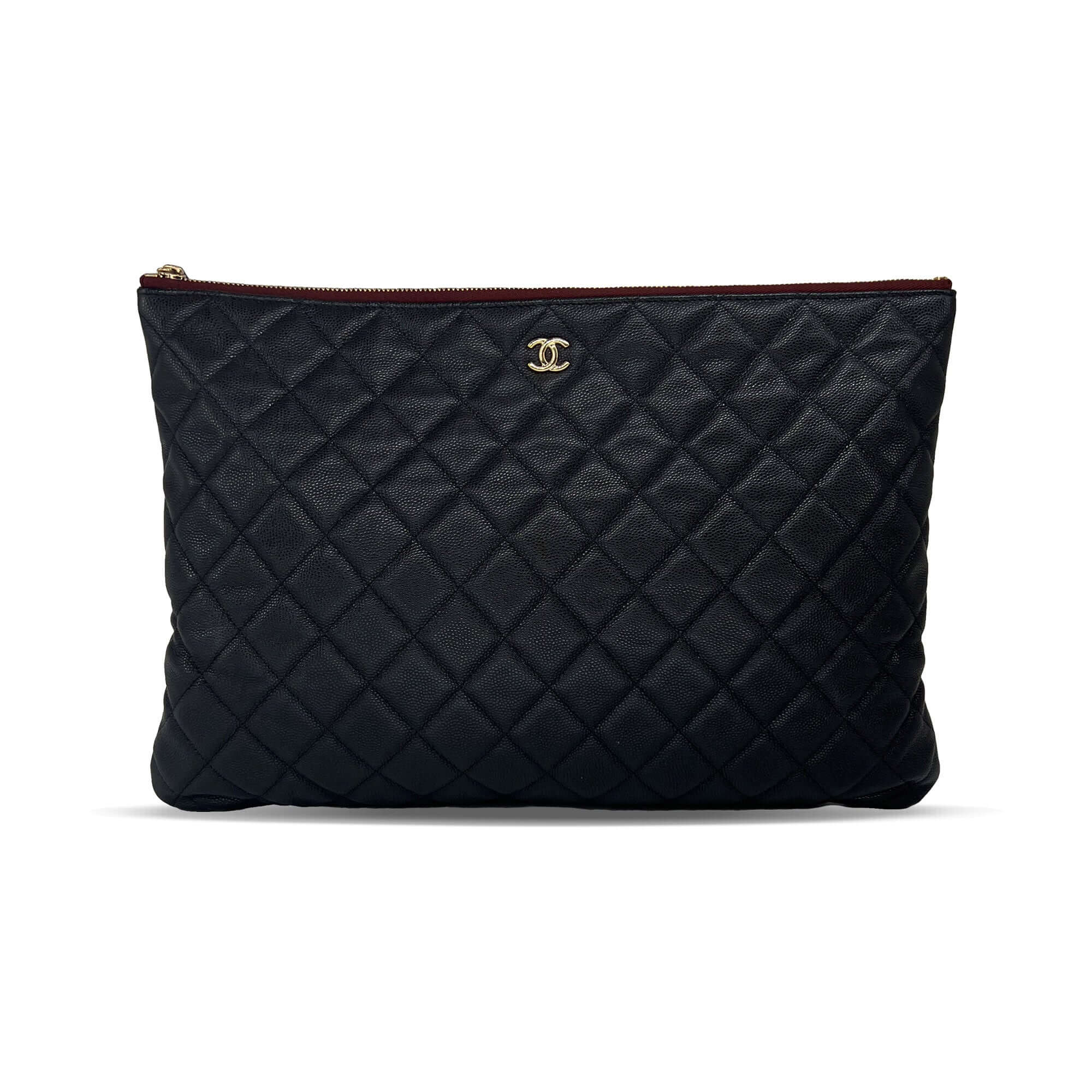 Pre owned Chanel black quilted caviar leather large o-case zip designer  pouch