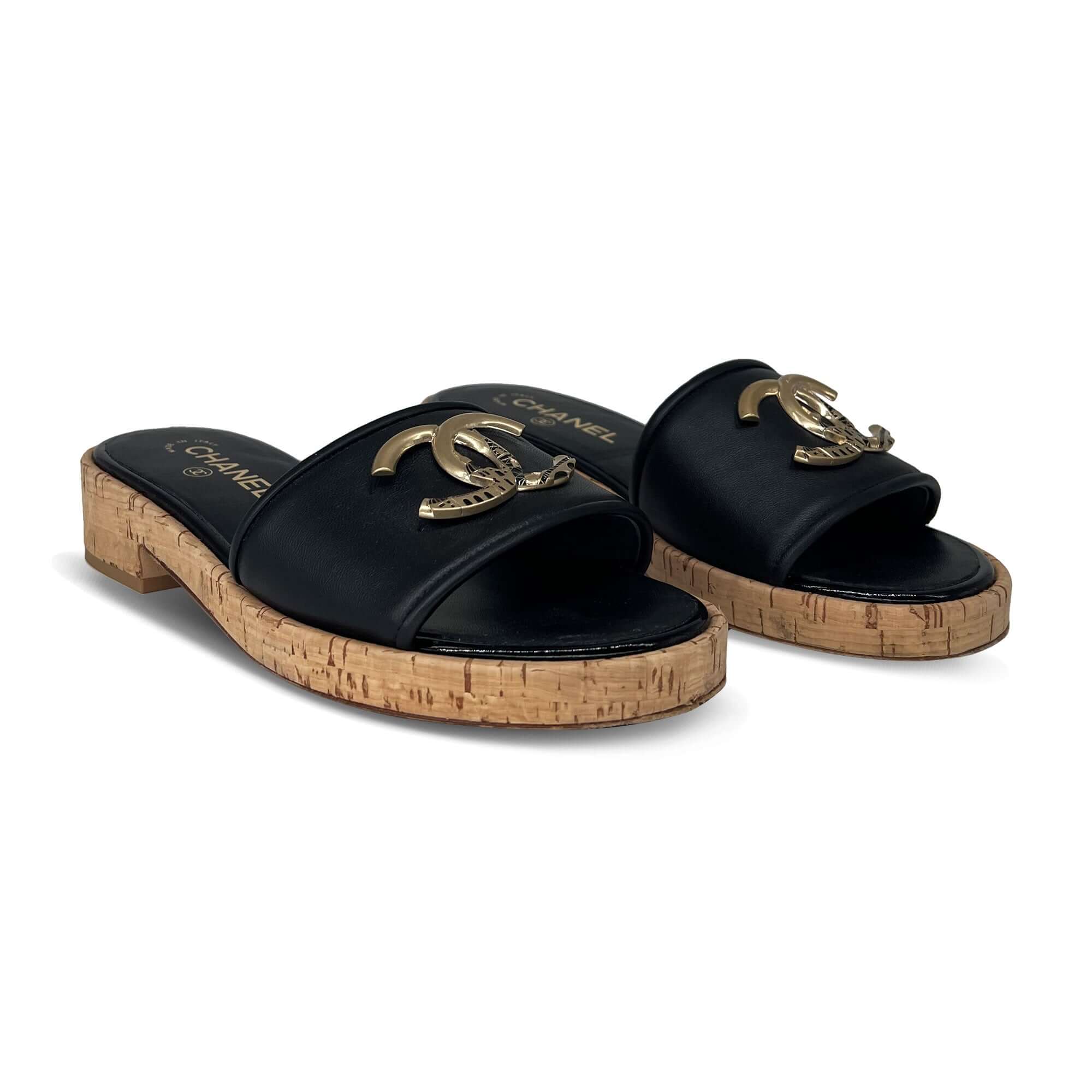 Chanel gold logo mules sandals black lambskin leather/cork – VintageBooBoo  Pre owned designer bags, shoes, clothes