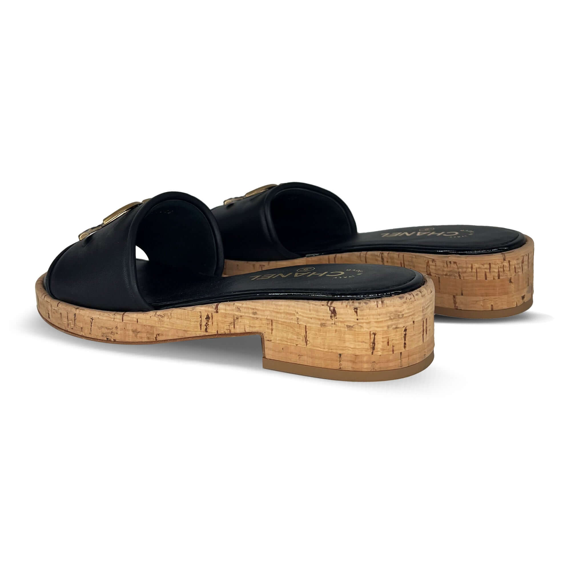 Chanel gold logo mules sandals black lambskin leather/cork