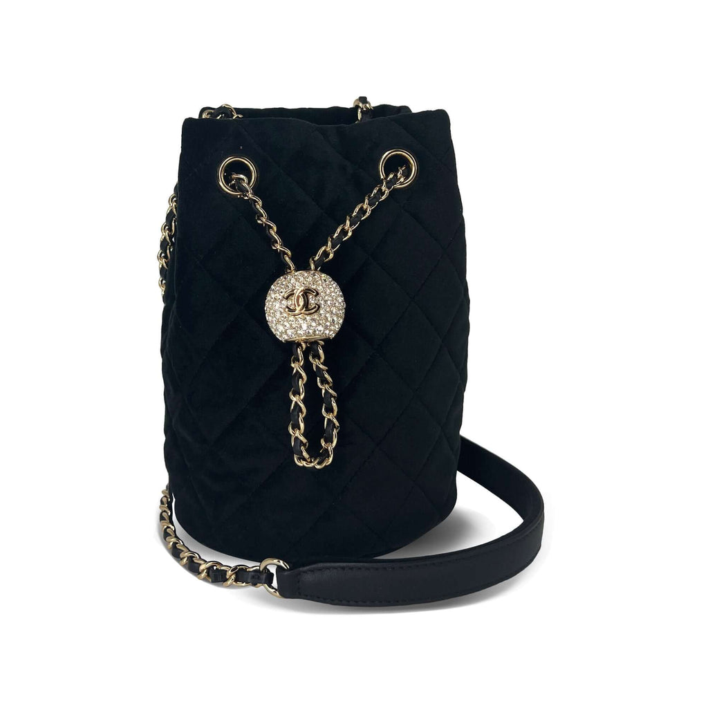 Chanel Crystal Pearl Crush Drawstring Bag Black Velvet Light Gold Hardware