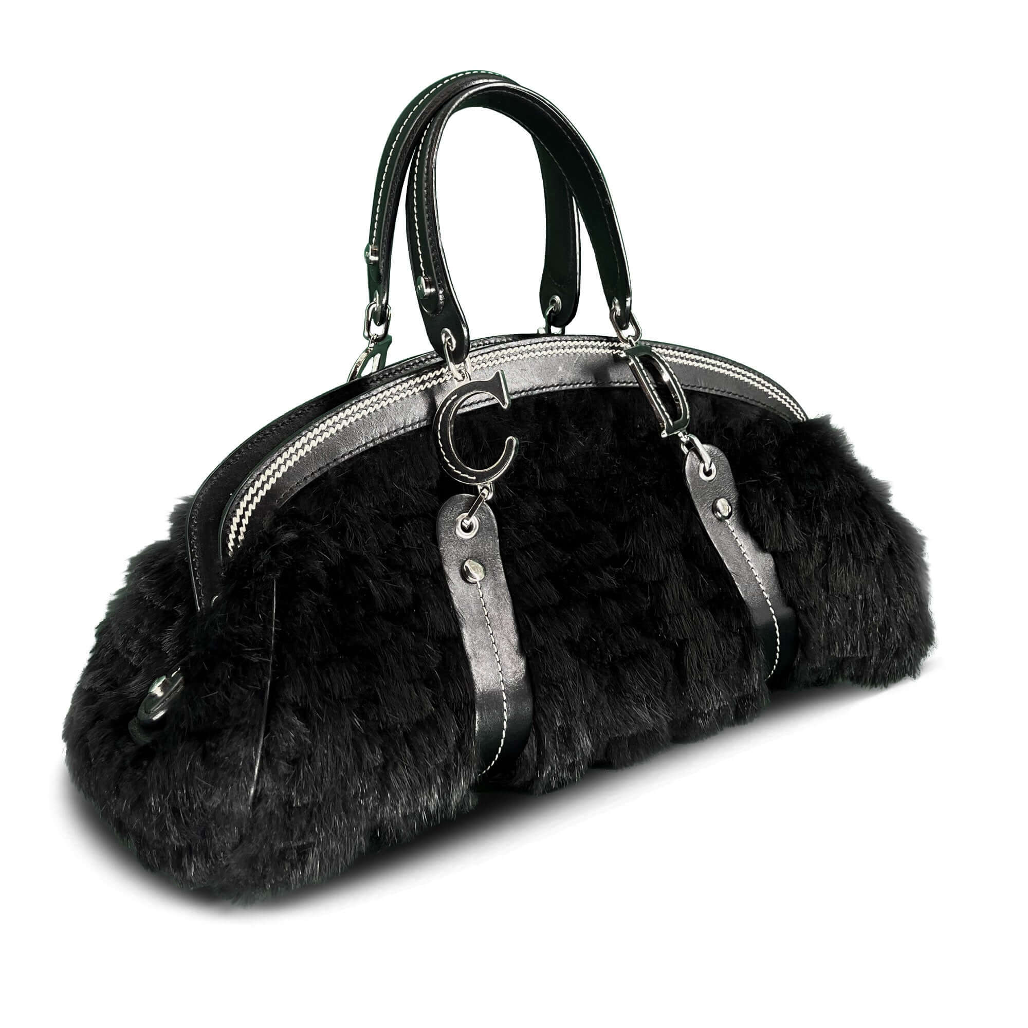 Christian Dior Black Diorissimo Fur and Leather Frame satchel