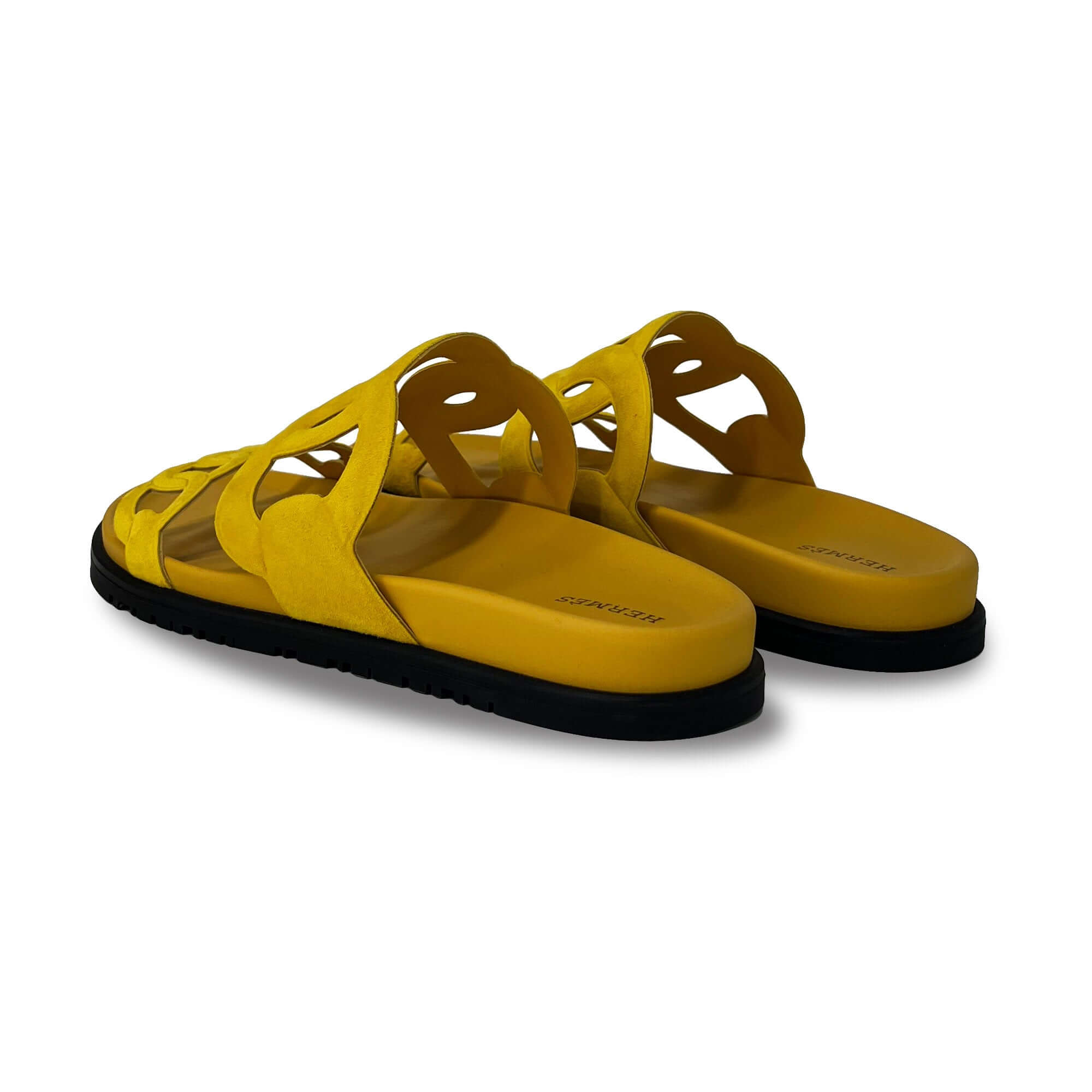 Hermes Extra Designer Sandals in yellow back angle